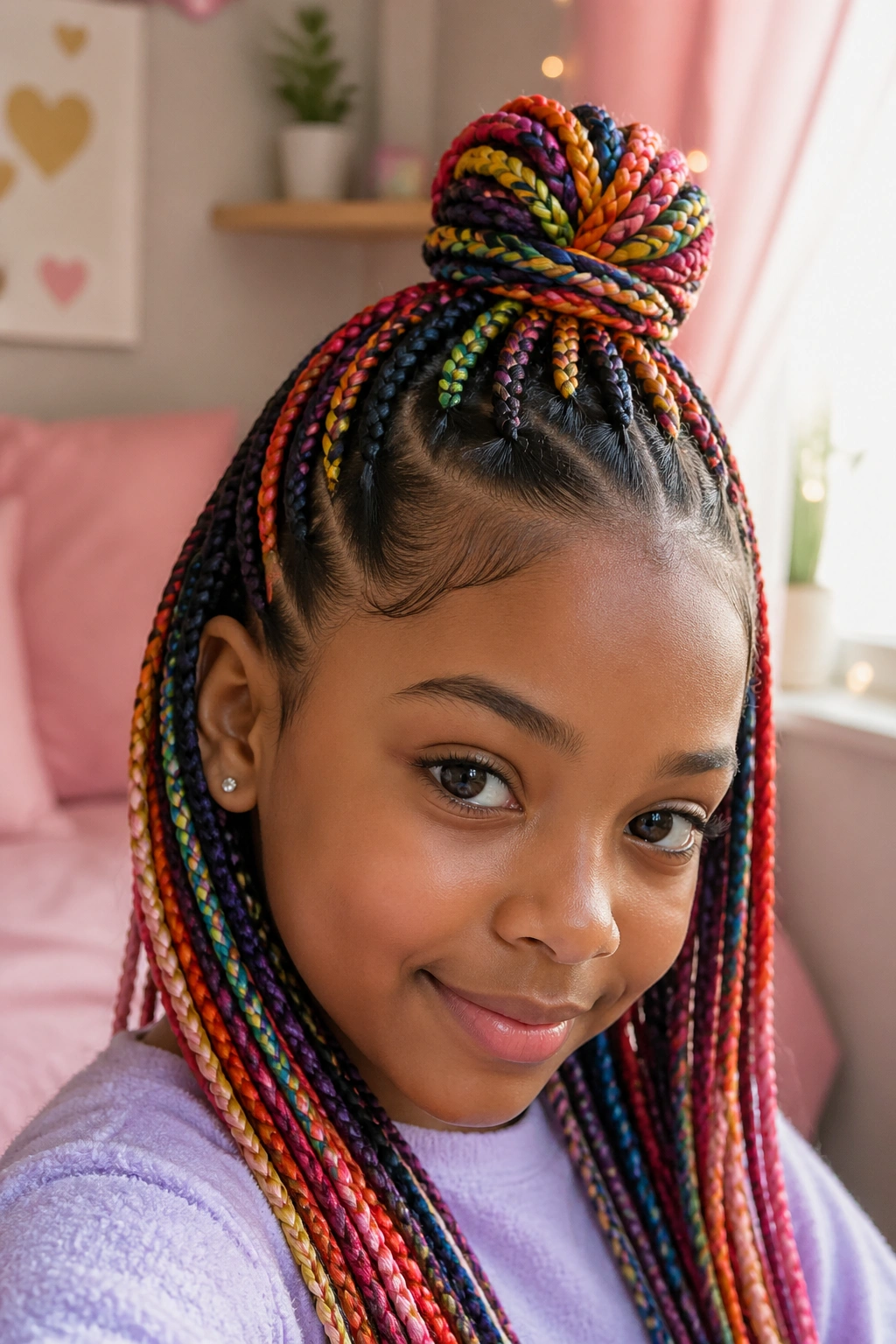 Close-up of a child with half-up rainbow braids and top bun, hair framing the face