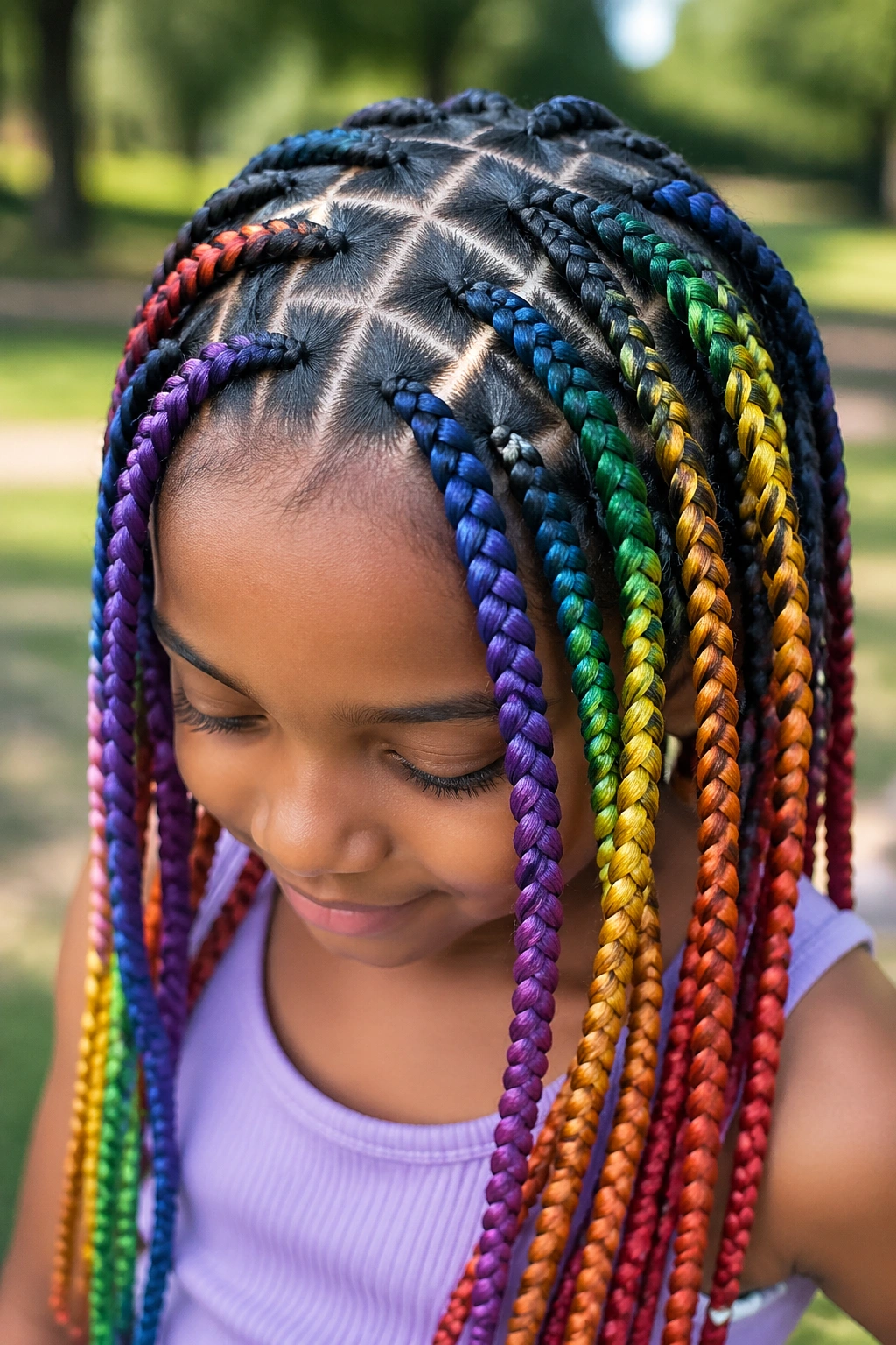 Child with rainbow braids showing crisscross parts on scalp