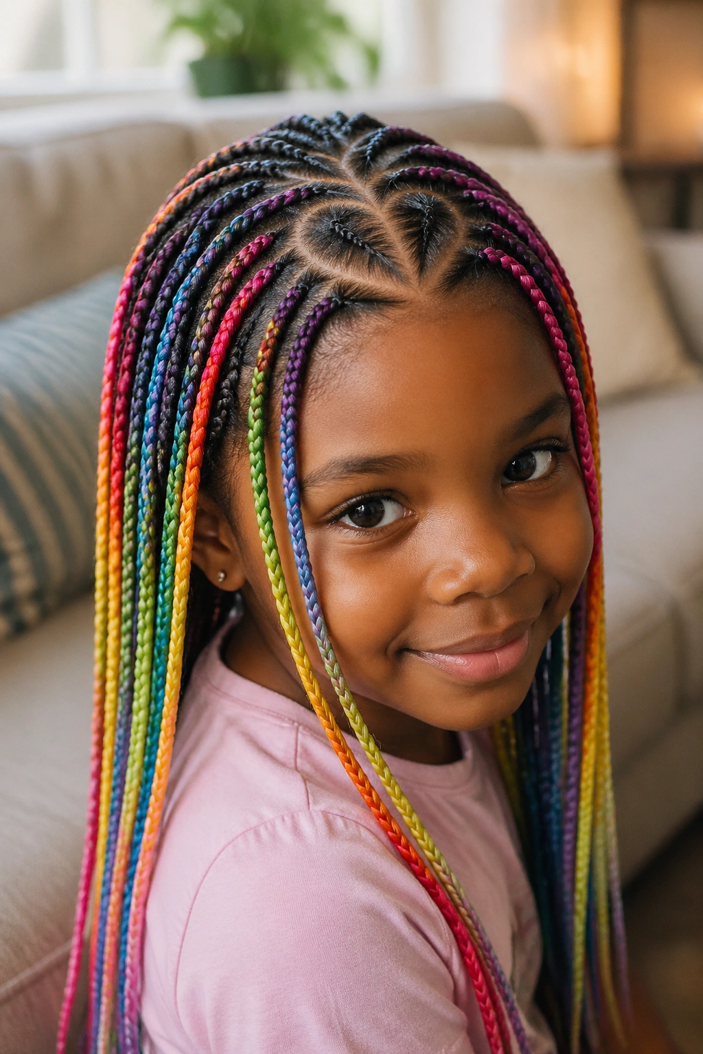 Child with heart-shaped part rainbow braids