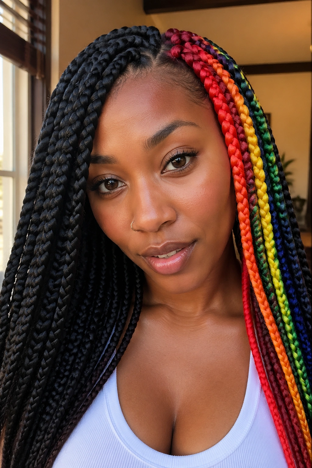 Close-up of a real woman with jumbo box braids and a rainbow accent on one side.