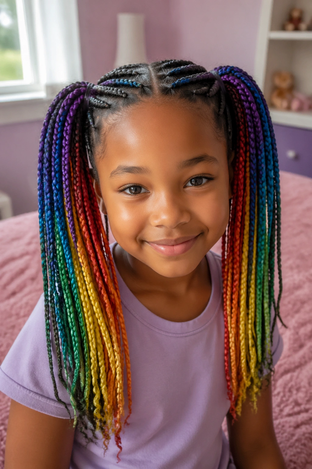 Close-up of a real child wearing double pigtail rainbow box braids framed by two pigtails