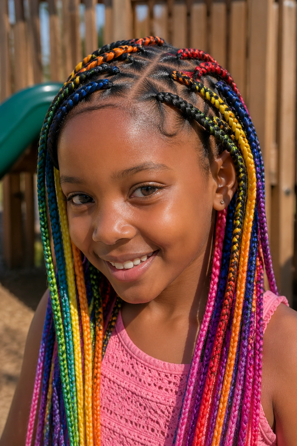 Child with triangle-part rainbow braids