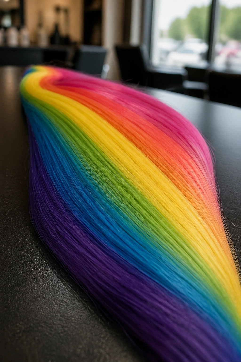 Close-up of rainbow hair fiber with matte finish and even color saturation