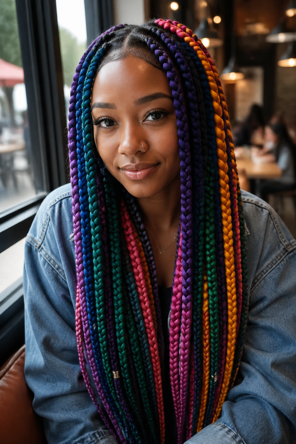Front portrait of a real person with a deliberate four-to-five color rainbow box braid palette