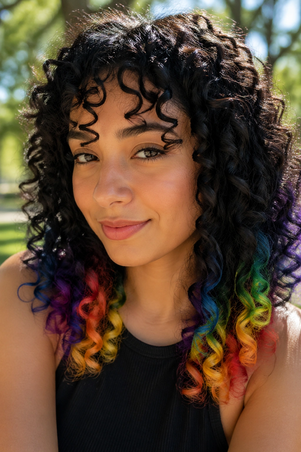 Close-up of rainbow-tipped dark curly hair
