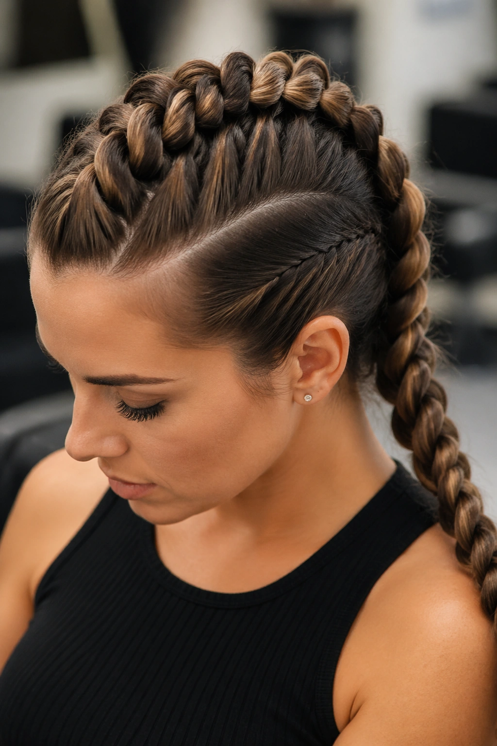 Close-up of real woman's head with a raised Dutch dragon braid along the scalp