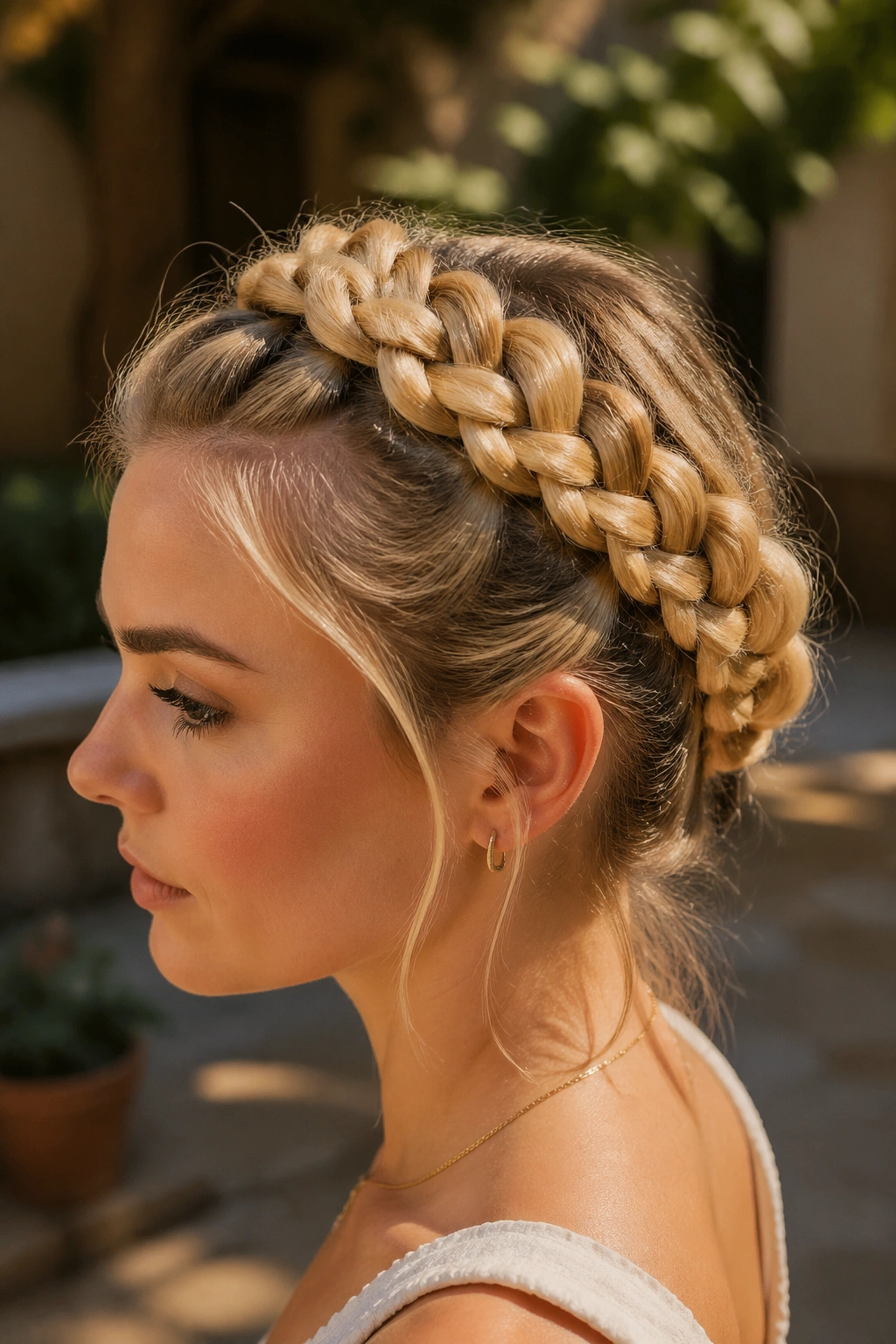 Close-up of a real woman with a raised Dutch halo braid