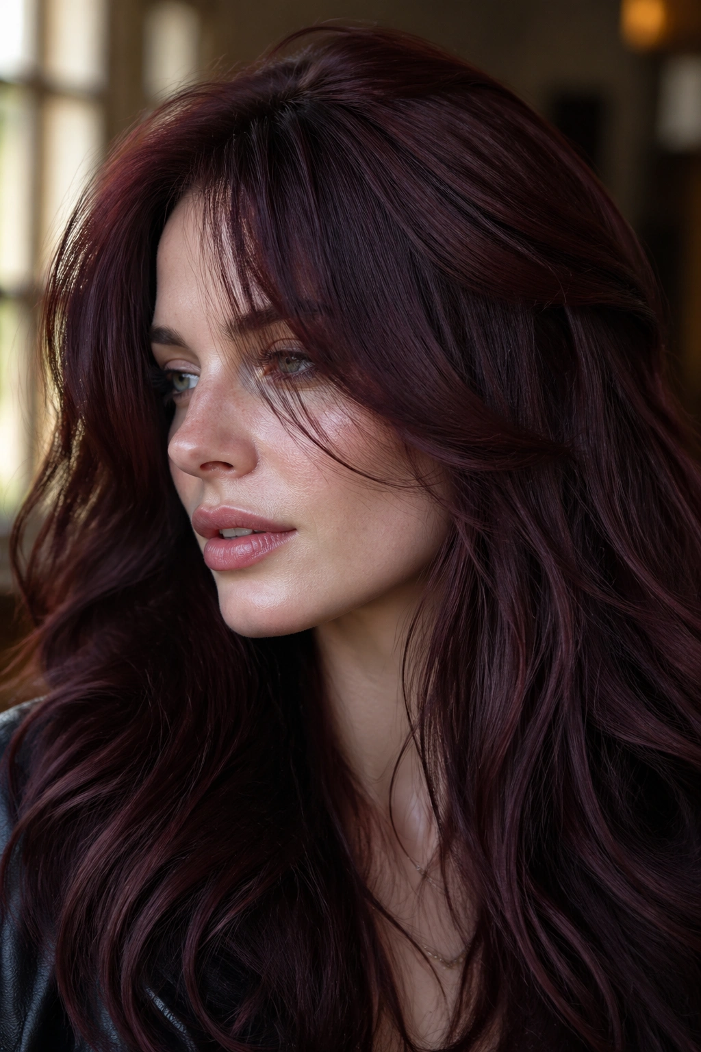 Close-up portrait of Raisin Red hair with purple-brown undertones on a real person