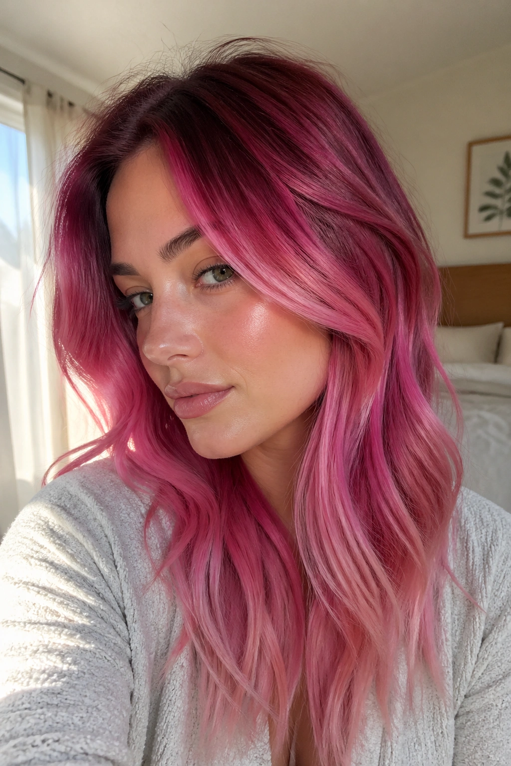 Close-up portrait of a real woman with raspberry root smudge pink hair transitioning from dark roots to bright pink ends.