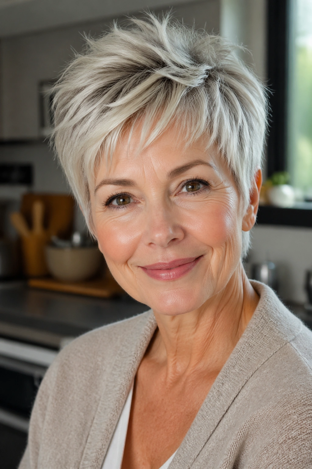 Close-up of a woman with razor-cut airy pixie and feathered ends