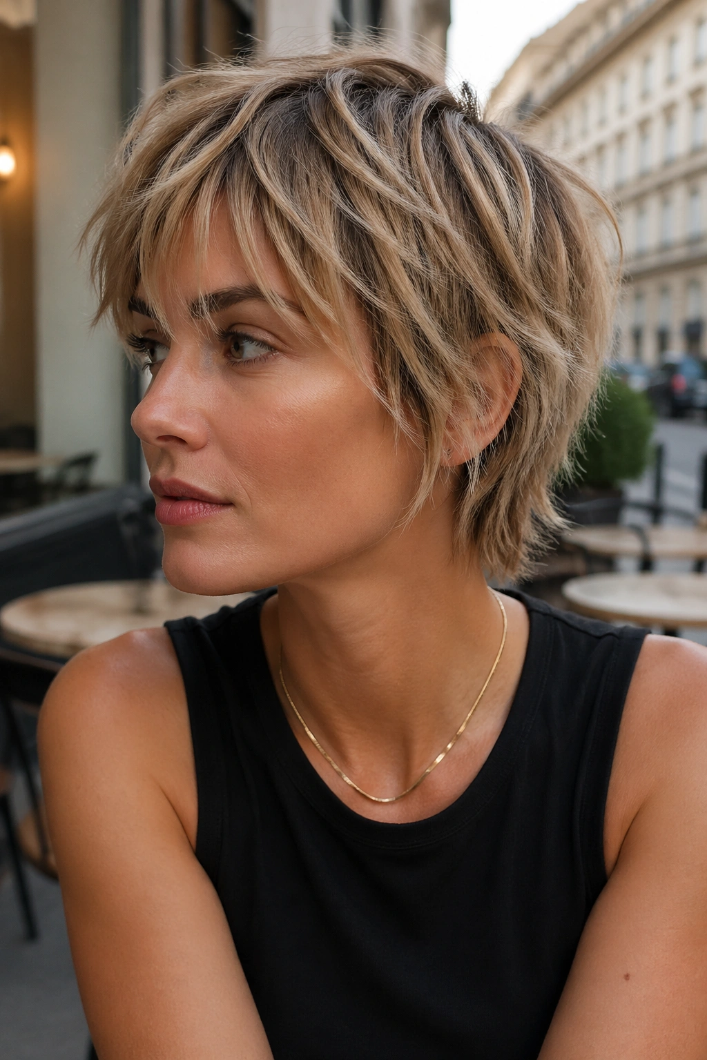 Close-up portrait of a real woman with razor-cut bixie and piecey layers in an outdoor cafe