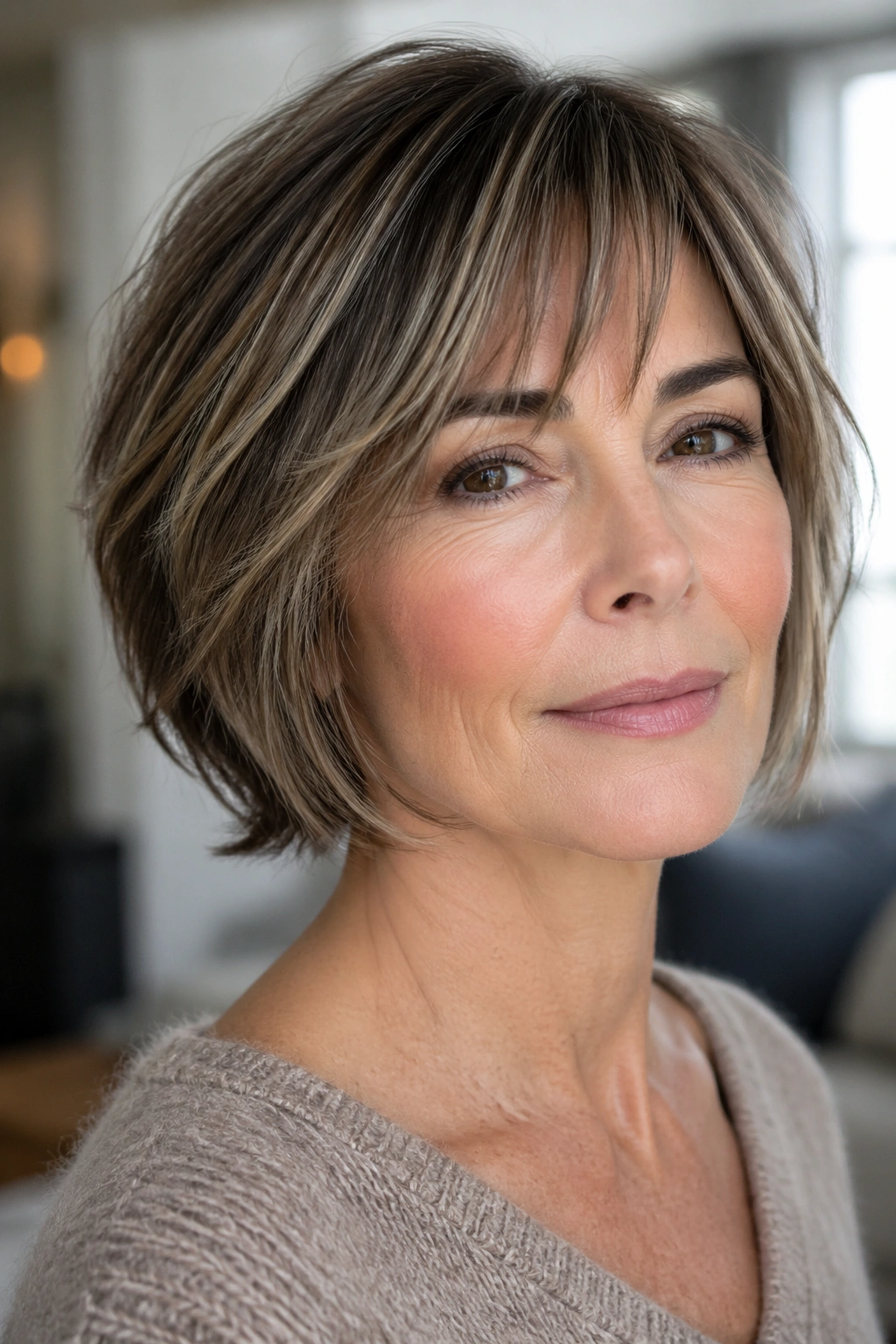 Portrait of a real woman with razor-cut bob and soft feathered ends.