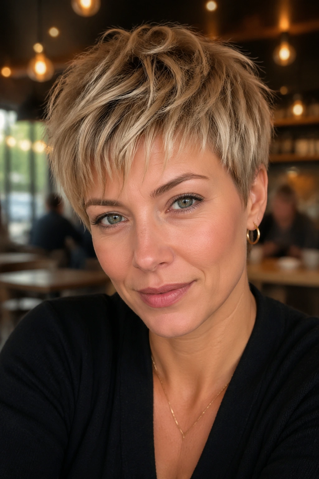 Close-up of a real woman with a razor-cut crop in a cozy cafe