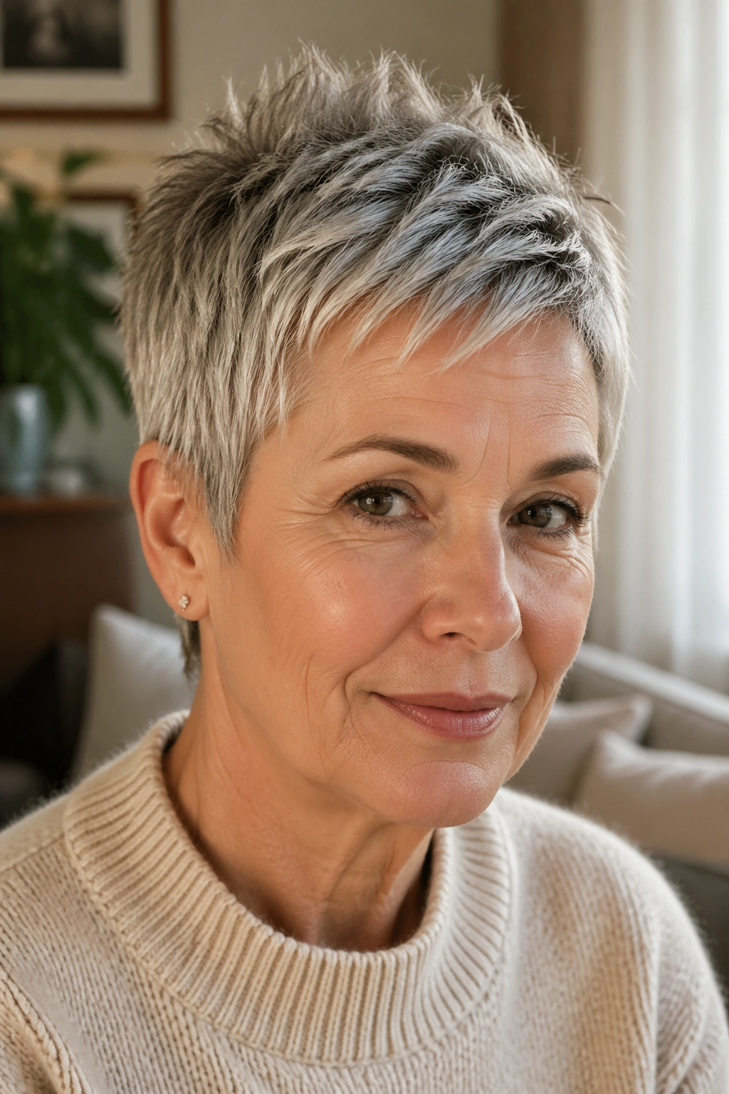Close-up of a real woman with Razor-Cut Gamine Crop in warm living room light