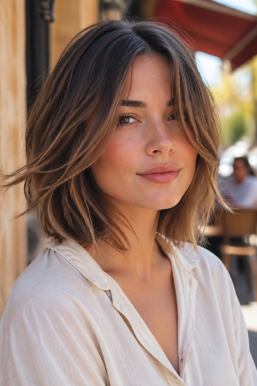 Portrait of a woman with a razor-cut lob and soft movement in lighter, airy ends.