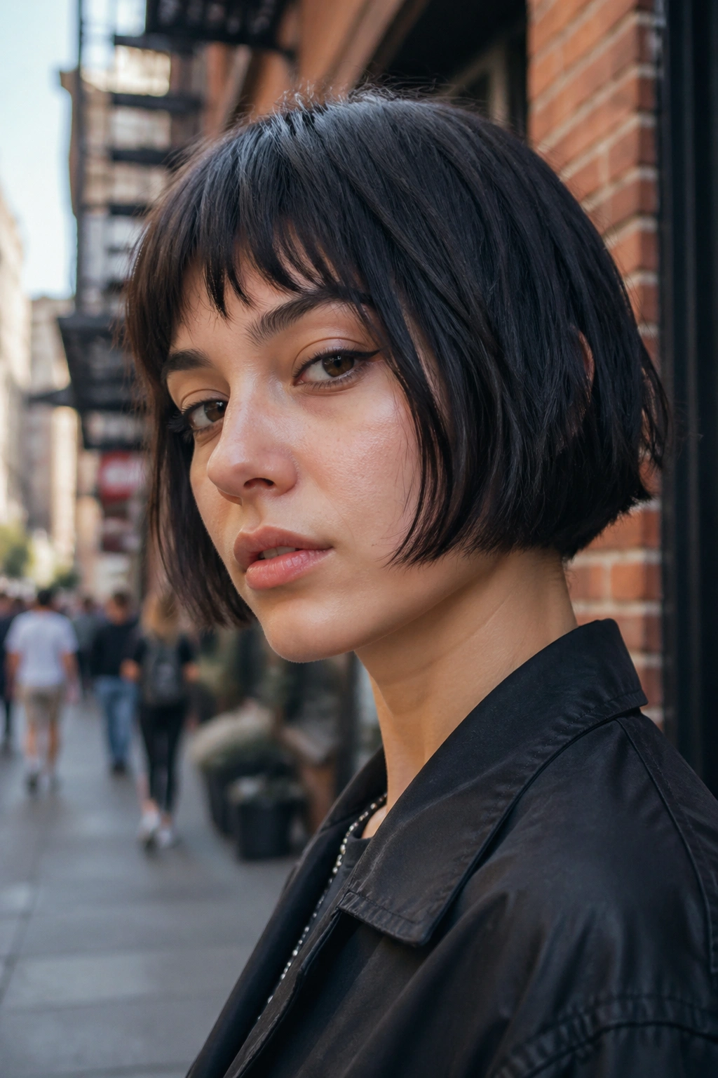 Close-up portrait of a real person with a jaw-length razor-cut micro bob on a downtown street