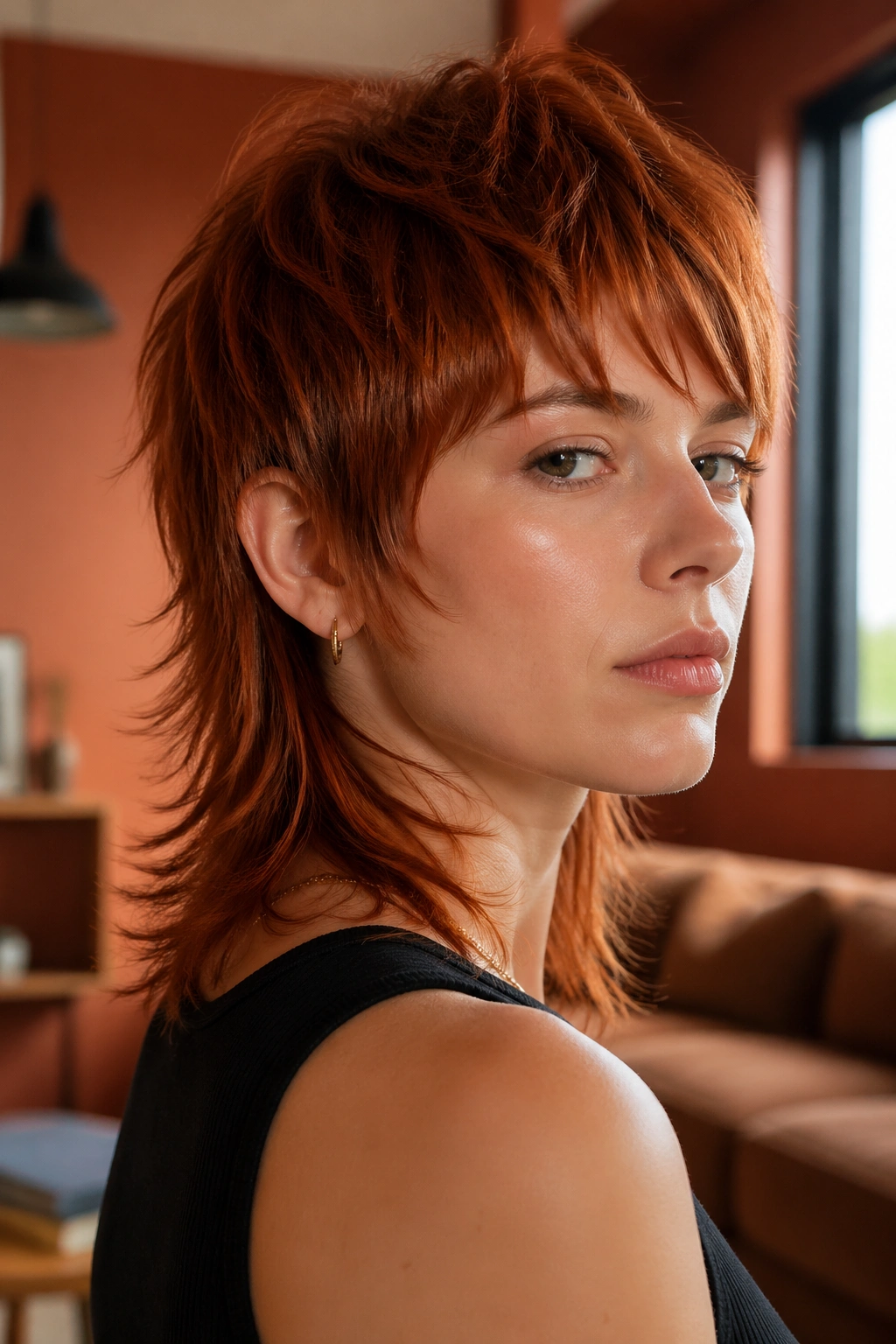 Close-up portrait of real person with copper razor-cut mullet in a copper-toned room