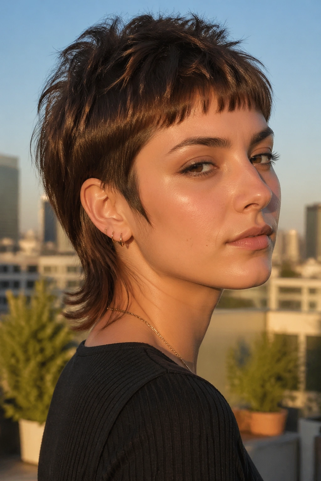 Real person with mocha brown razor-cut mini mullet on rooftop at golden hour