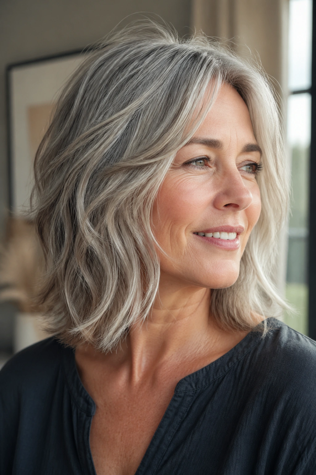 Real woman with piecey razor-cut layers showing light texture around the face.