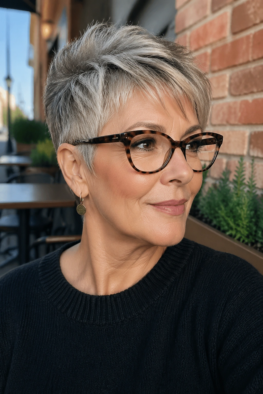 Portrait of woman with razor-cut pixie and longer top on urban street