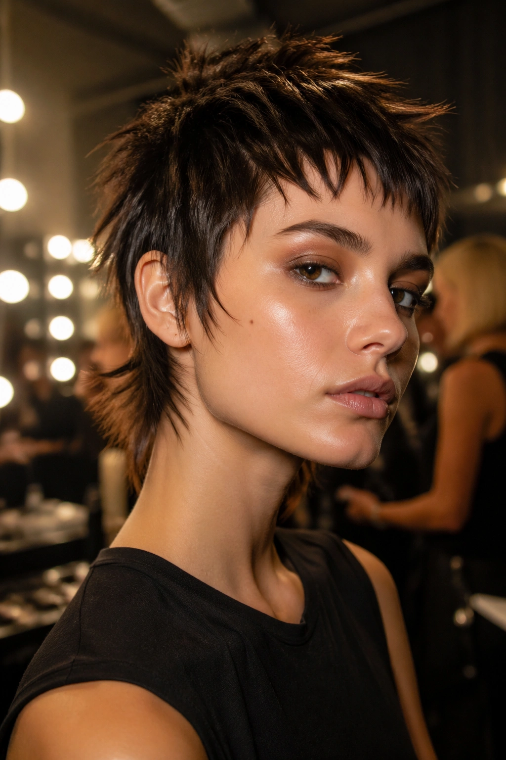 Real person with razor-cut pixie mullet featuring jagged ends.