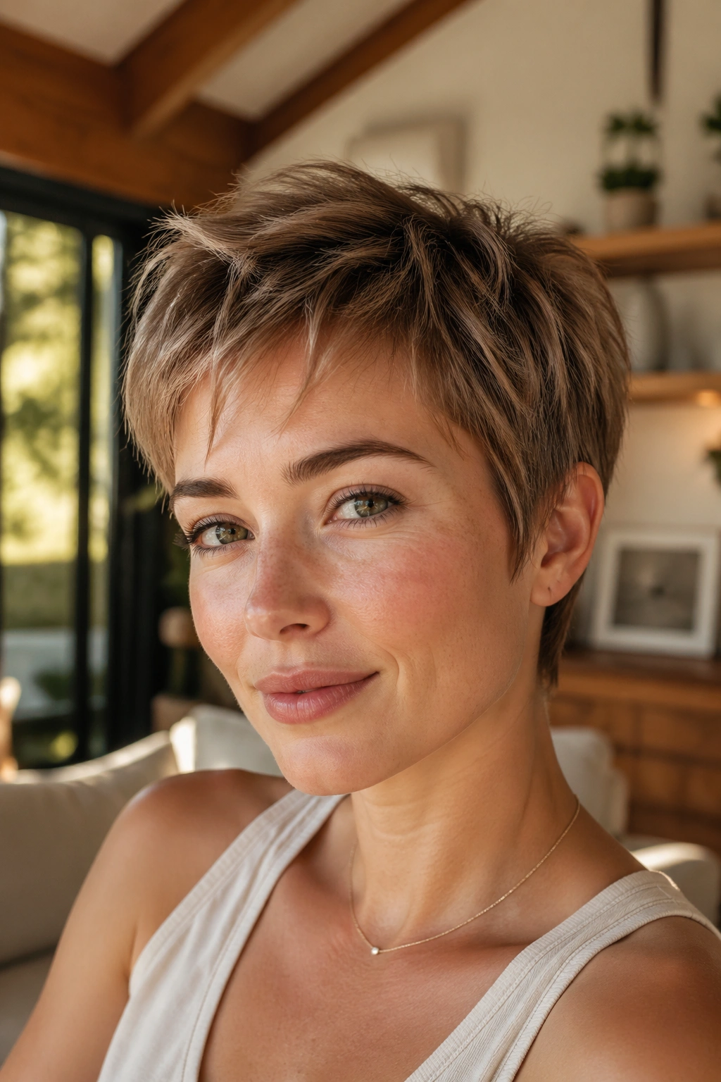 Close-up of a real woman with a razor-cut pixie and soft ends in a warm, sunlit room.