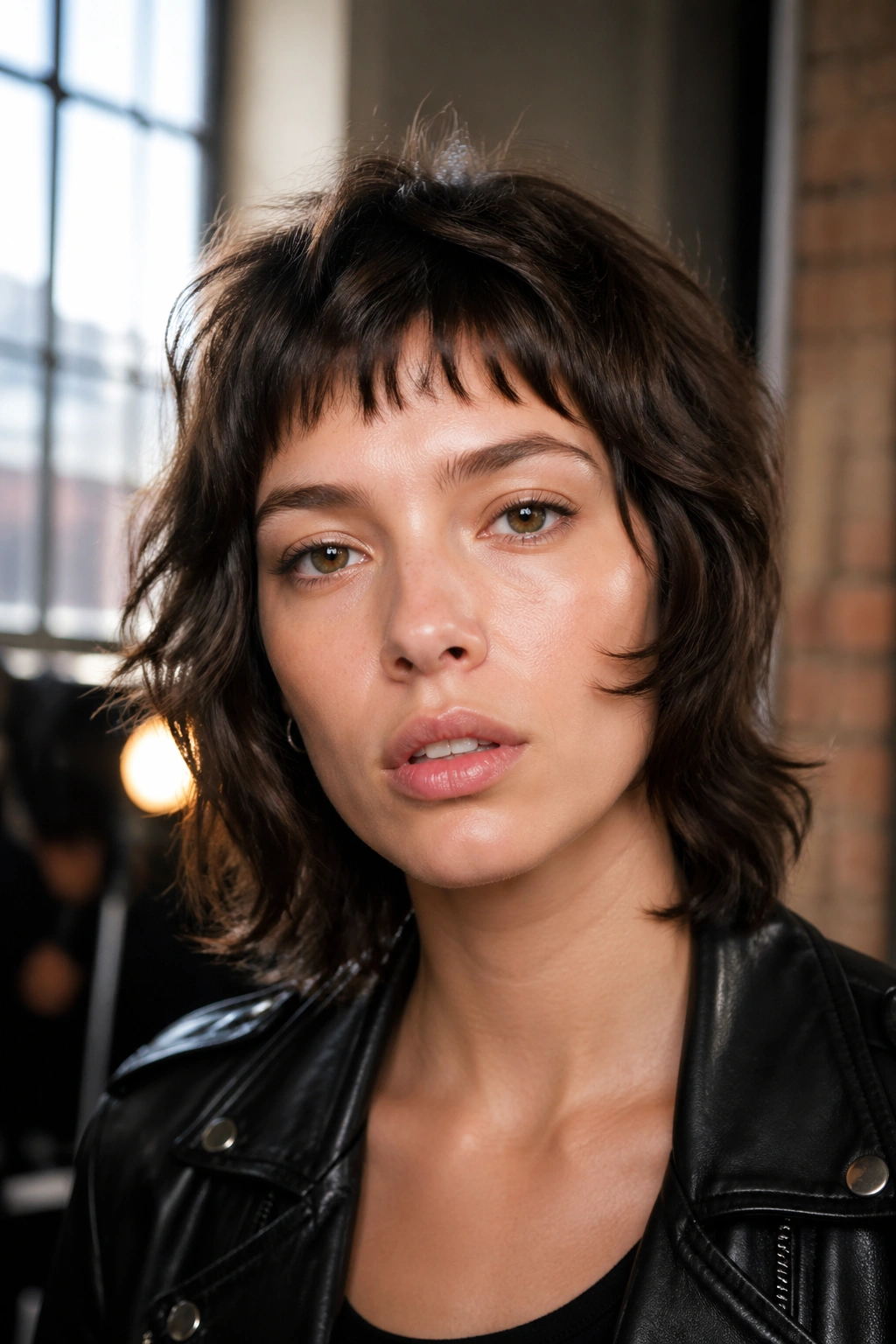 Close-up of a real woman with razor-cut shag and baby bangs