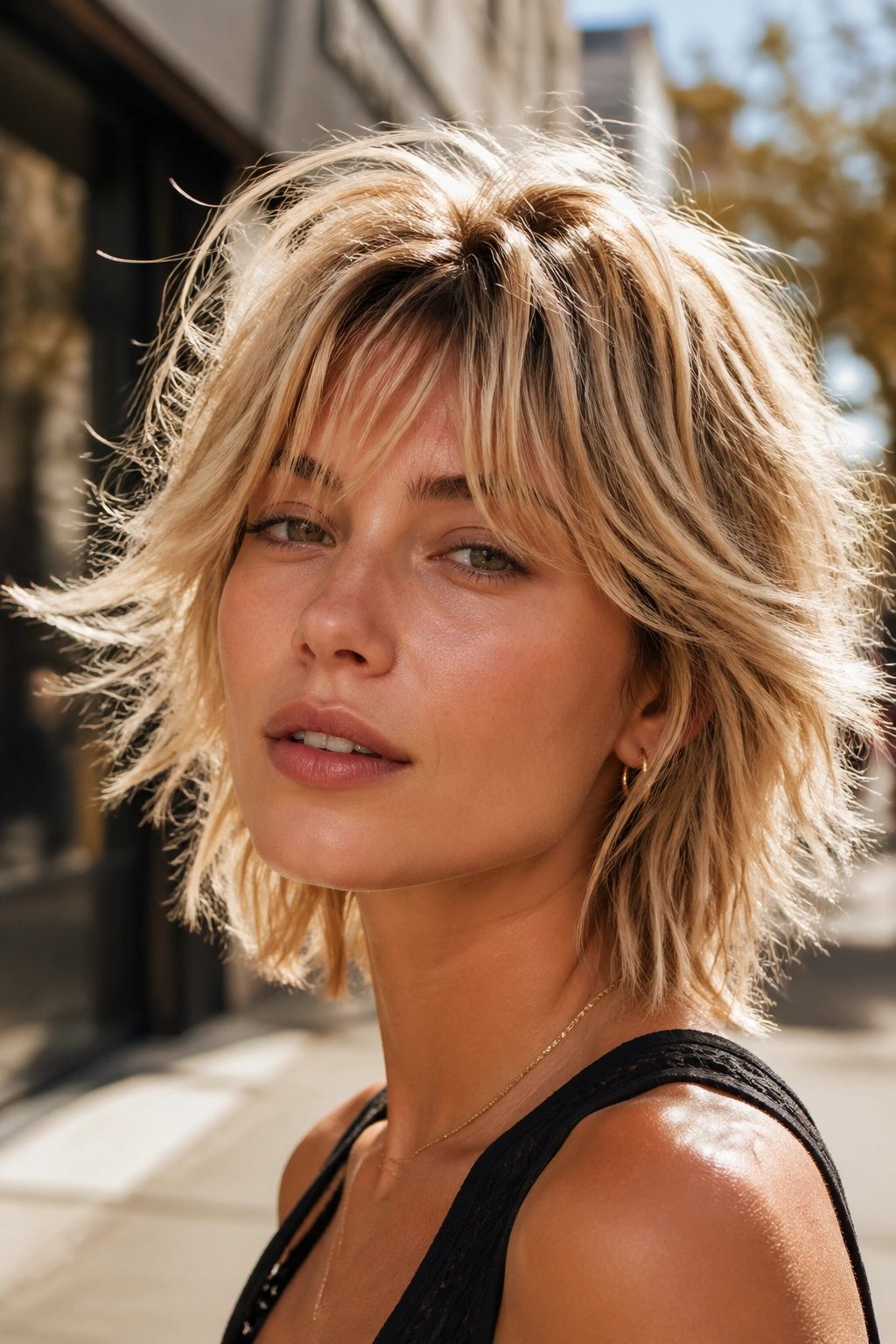 Close-up of a real woman with razor-cut shag and rooty blonde dimension