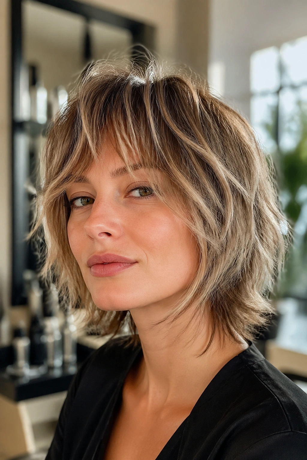 Close-up portrait of razor-cut shag for fine hair on a real person