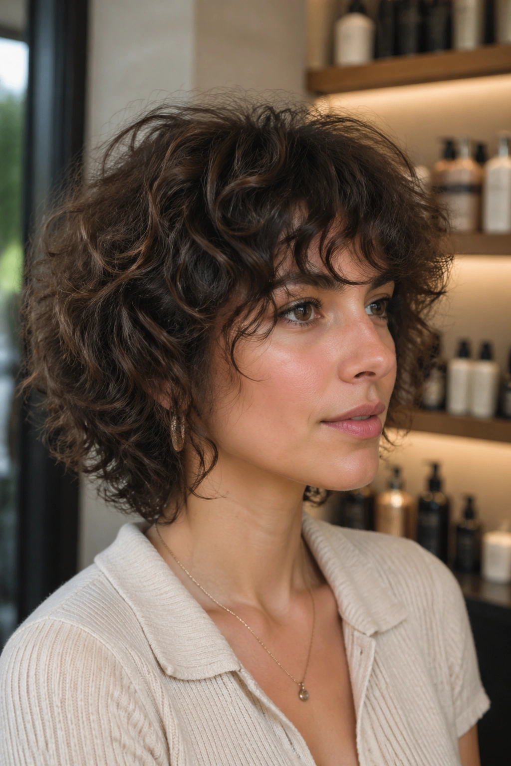 Close-up portrait of a real woman with razor-cut shag perm and airy curls in a chic salon