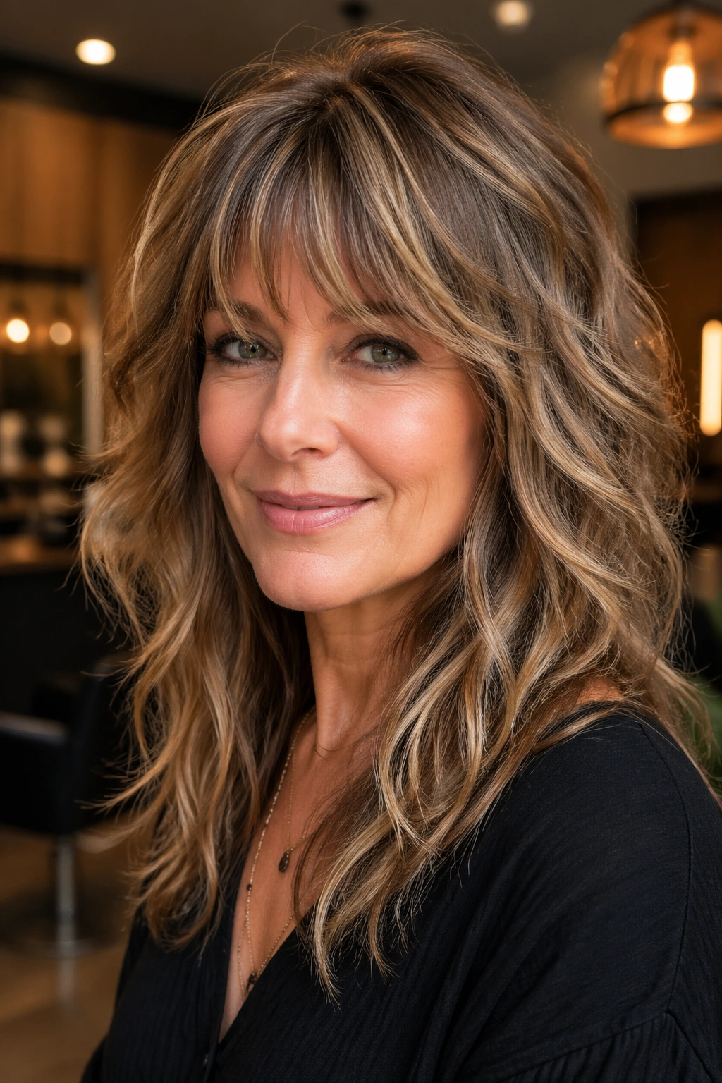 Close-up of real woman with razor-cut shag thick hair