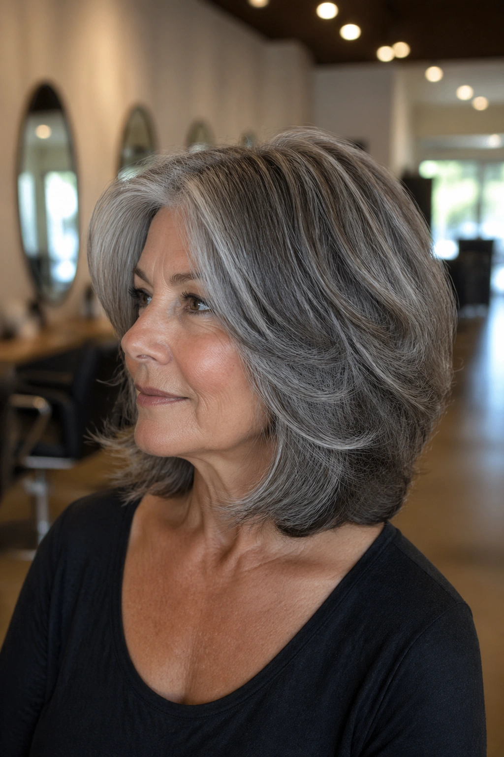 Close-up of a real woman with thick hair cut by razor for density control in a salon setting.