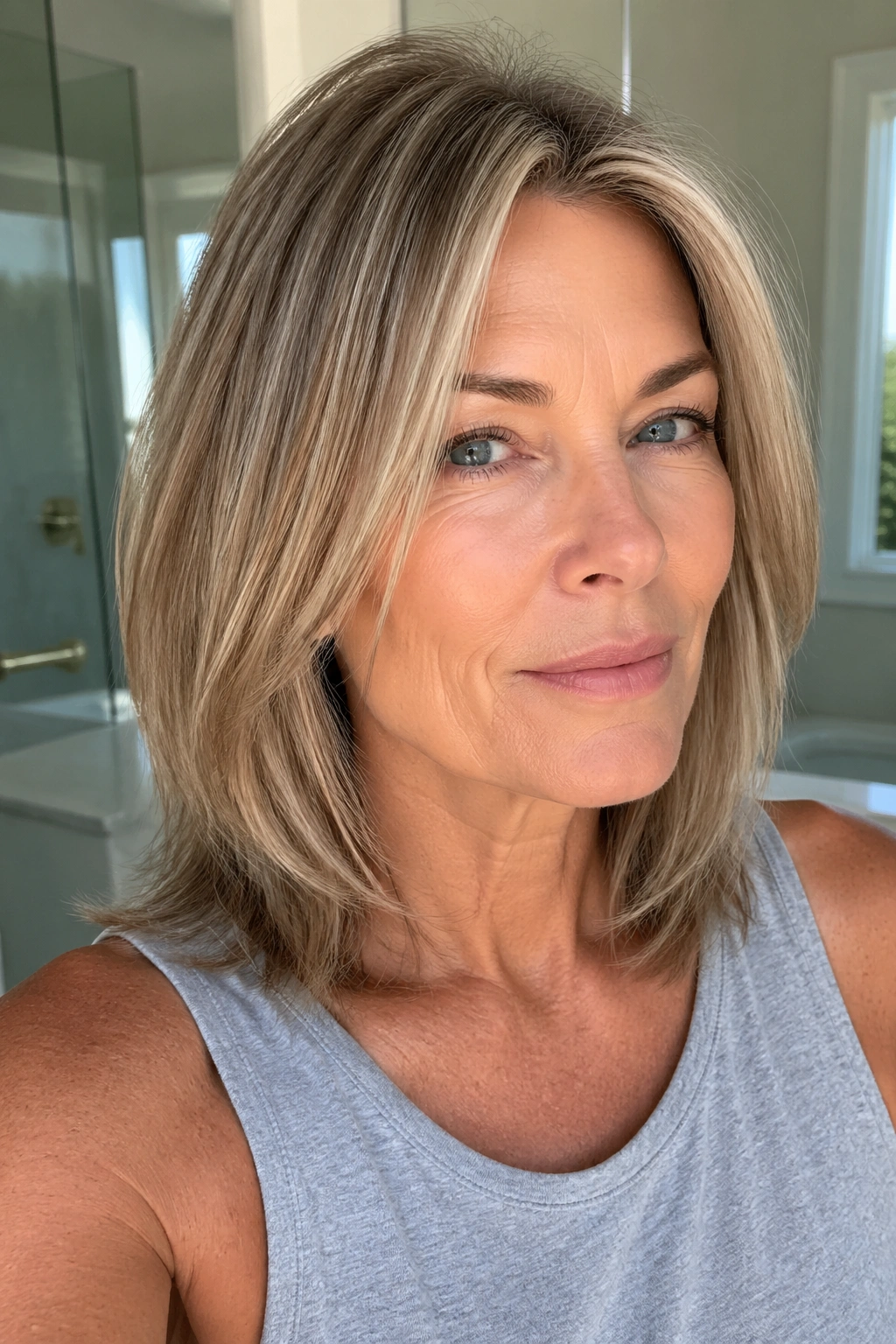 Close-up of a real woman with soft razor layers in fine straight hair
