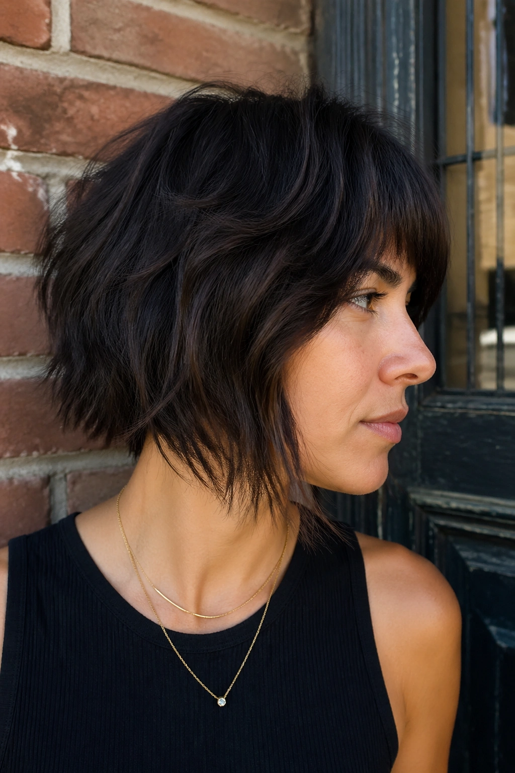 Close-up portrait of a real woman with a razor-shag bob for dense hair.
