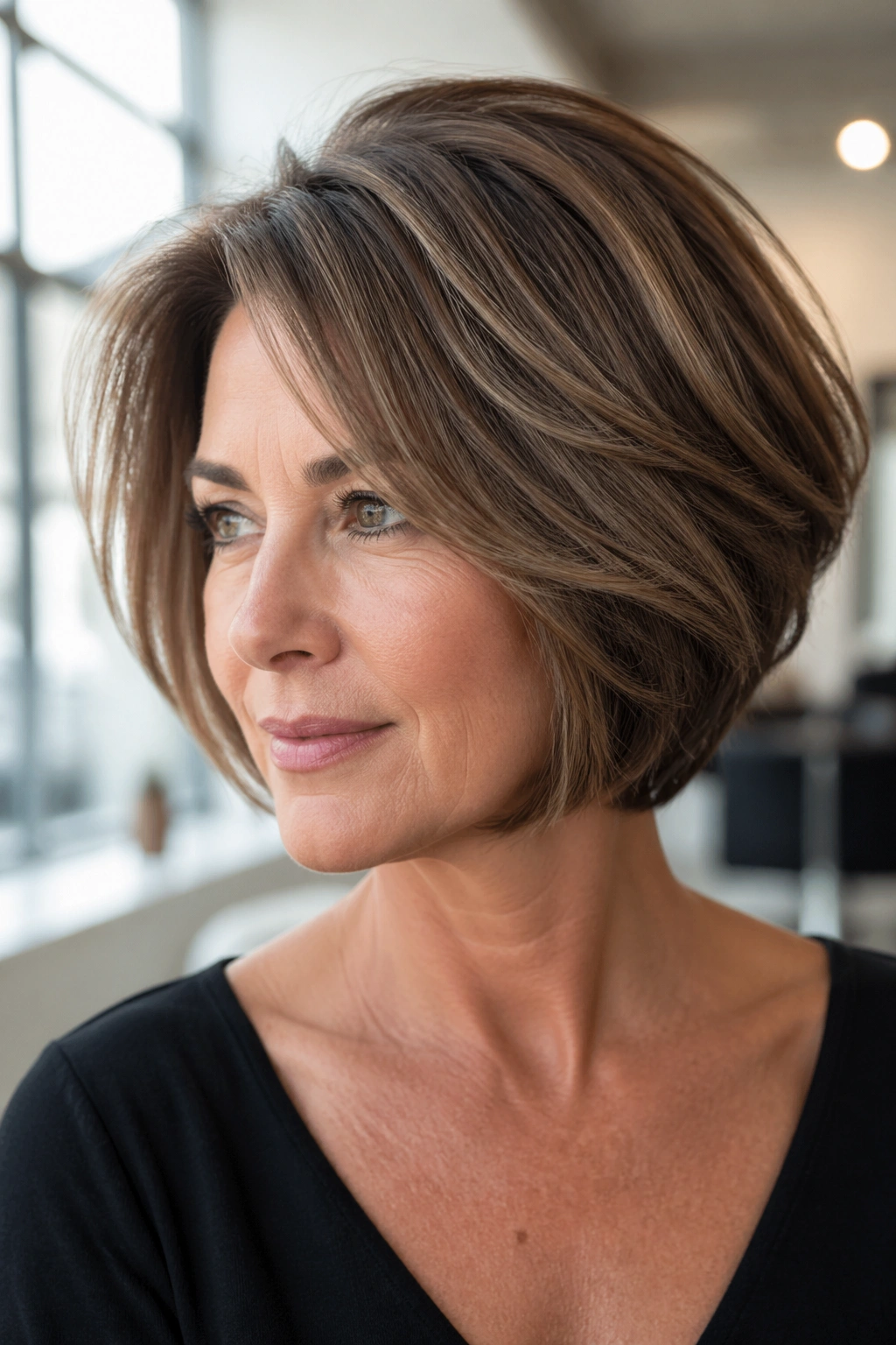 Close-up portrait of a real woman with thick hair in a razor-sliced bob.
