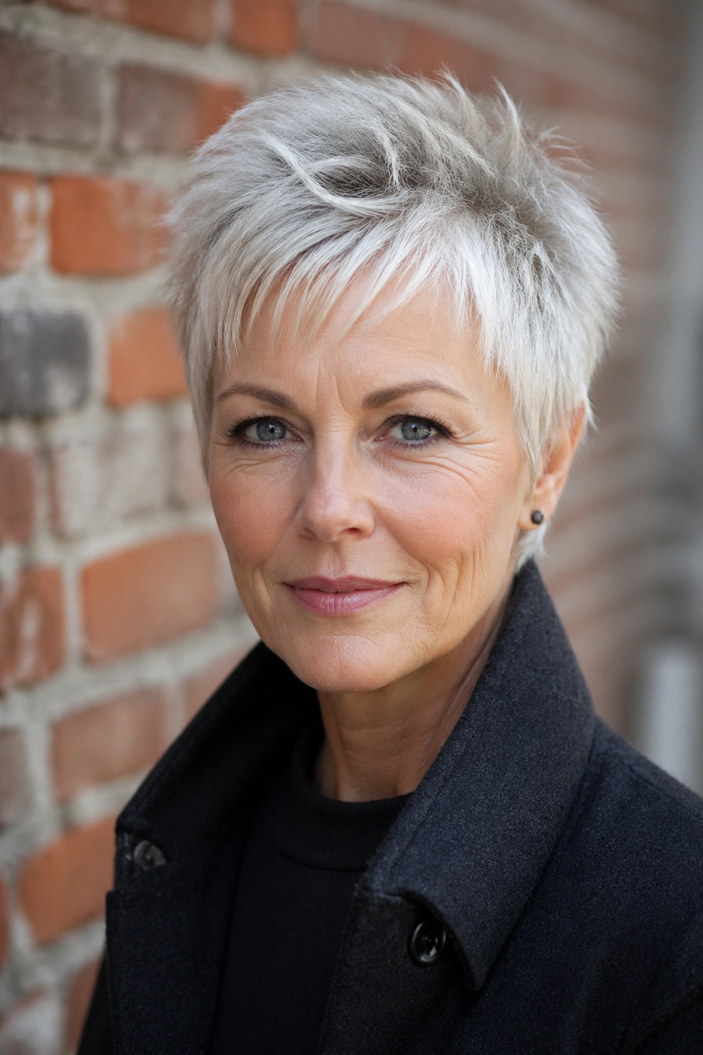 Close-up portrait of a woman with a razor-textured crop showing edge and movement