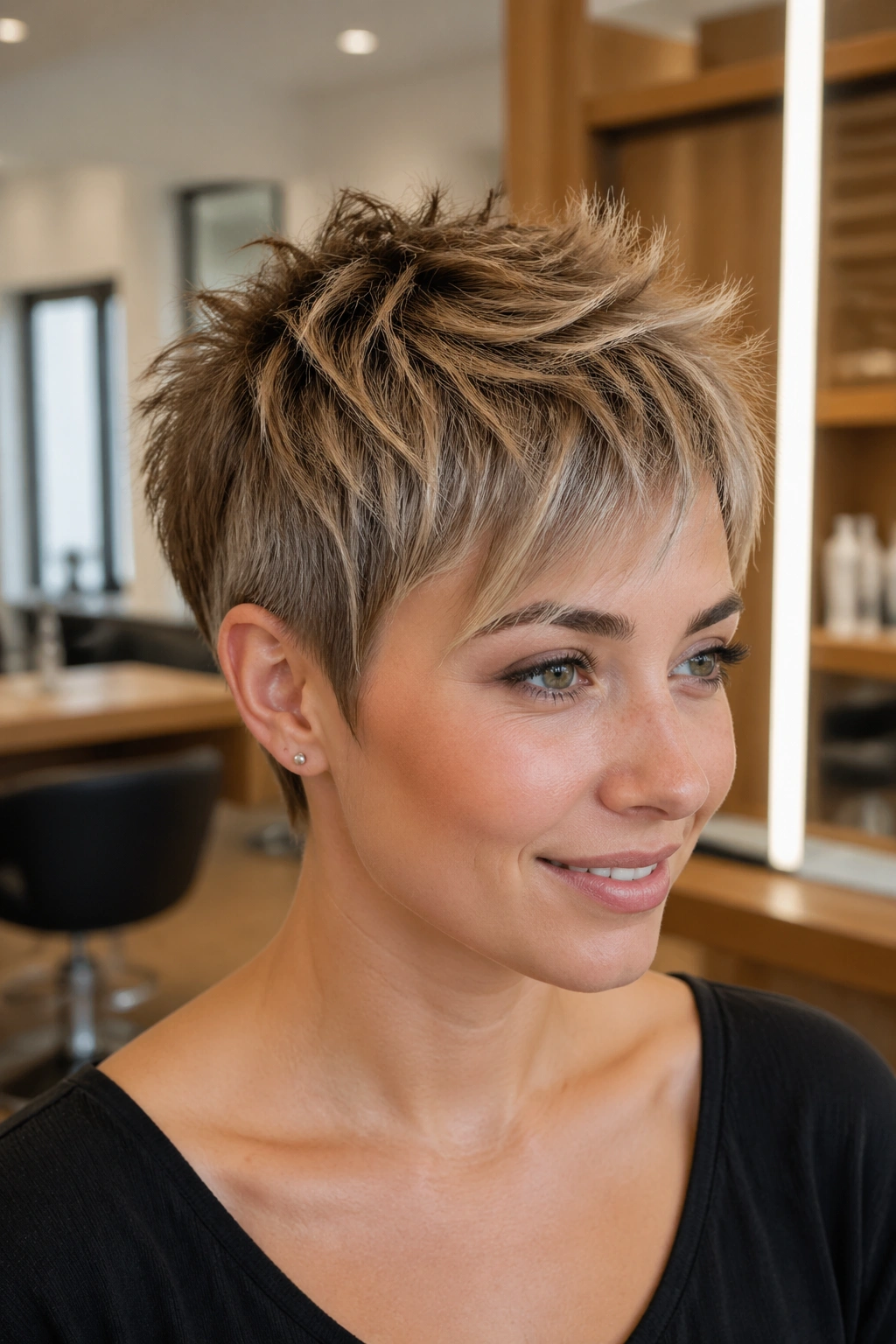 Close-up of a real woman showcasing a razor-textured pixie with airy, textured ends.