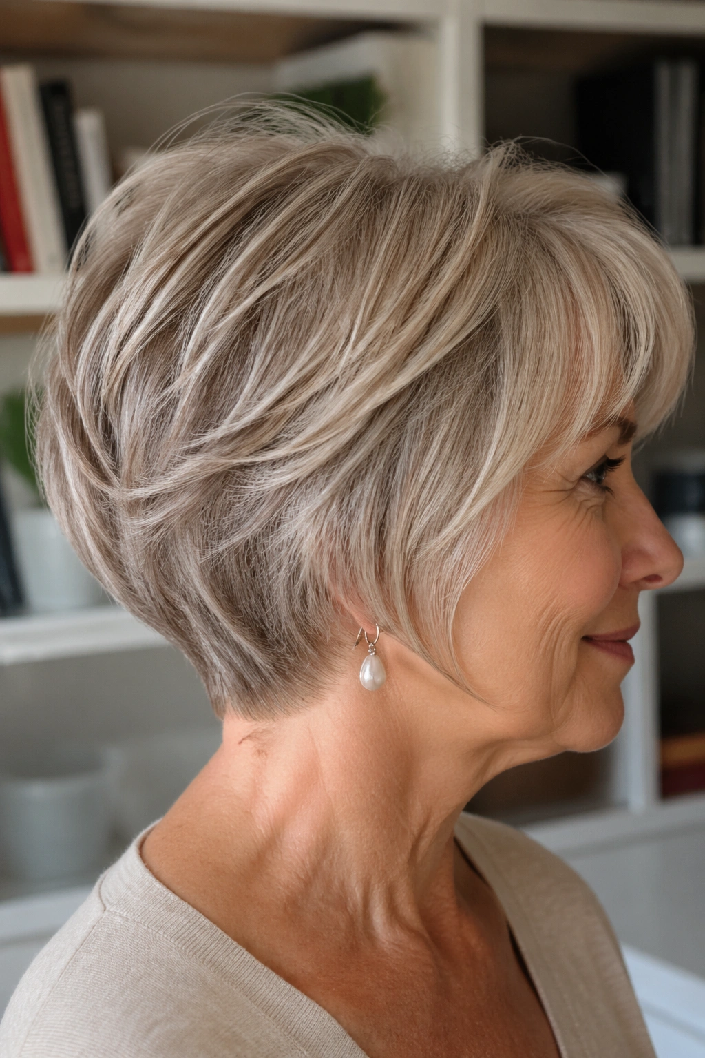 Real woman with razor-textured wedge ends in a casual home setting