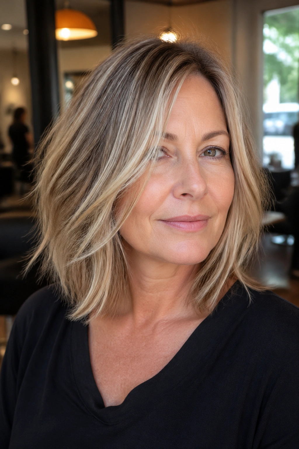 Close-up portrait of a woman with Razored Midi Cut showing textured, shoulder-length ends in warm salon light
