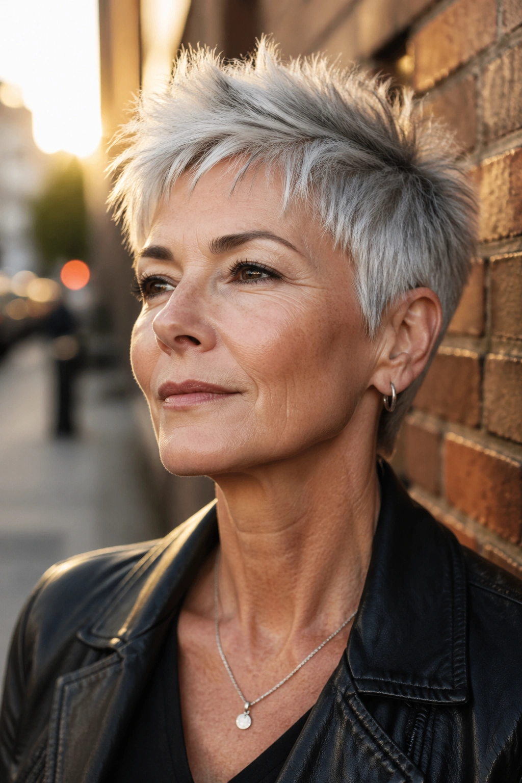 Close-up of a real woman with razored pixie ends and edge in golden-hour light