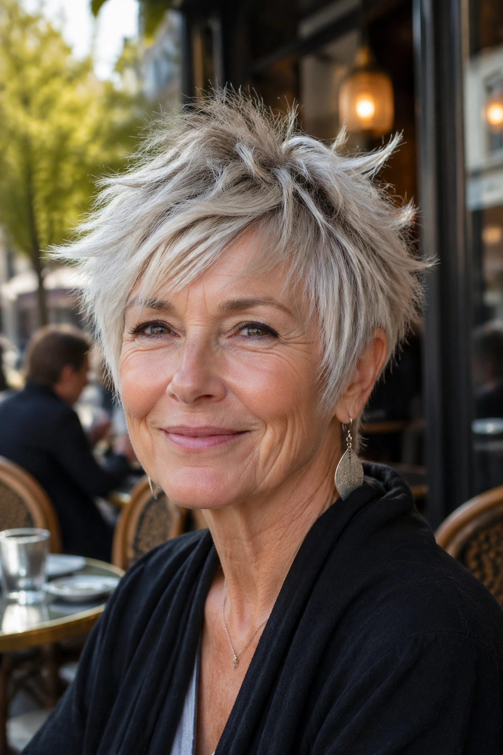 Close-up of real woman with messy textured pixie and razored edges in urban light