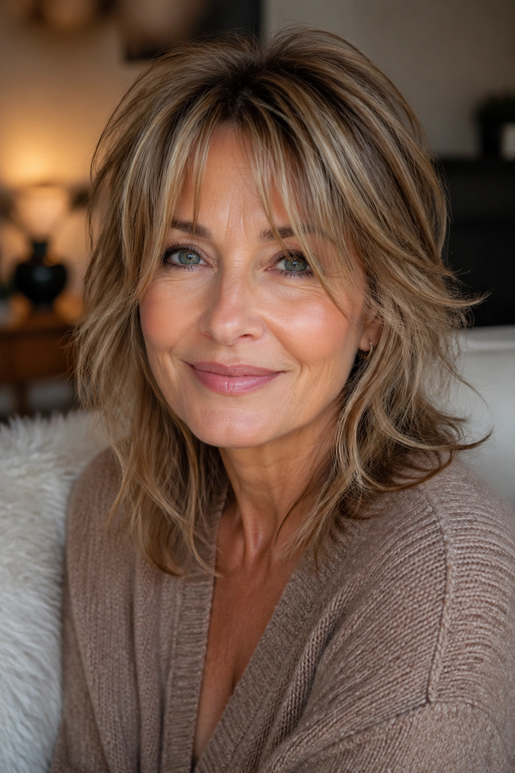 Close-up of a real woman with a razored shag and curtain bangs hairstyle