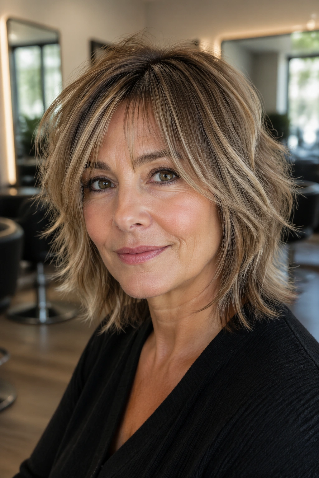 Close-up of a real woman with a razored shaggy lob on fine hair in salon light