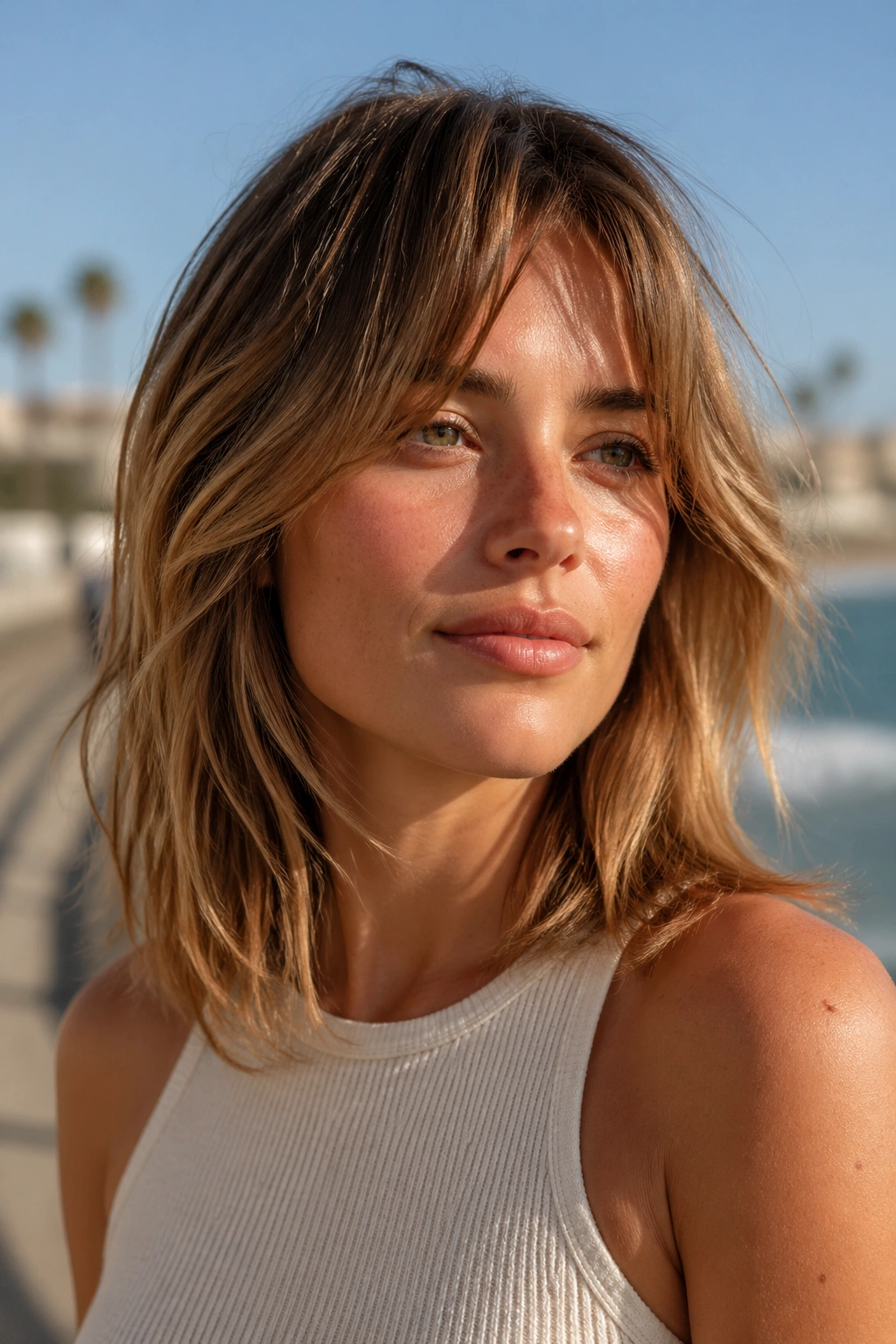 Close-up of a real person with razor-cut shoulder-length movement and textured ends.