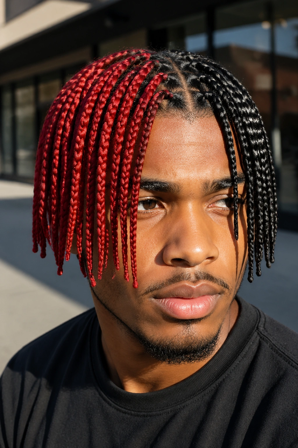 Real person with red and black split box braids in daylight street setting