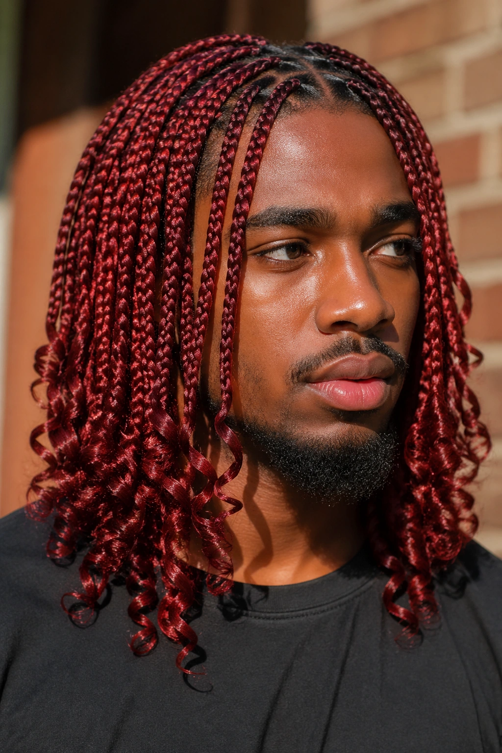 Close-up of a real man with red box braids ending in curls