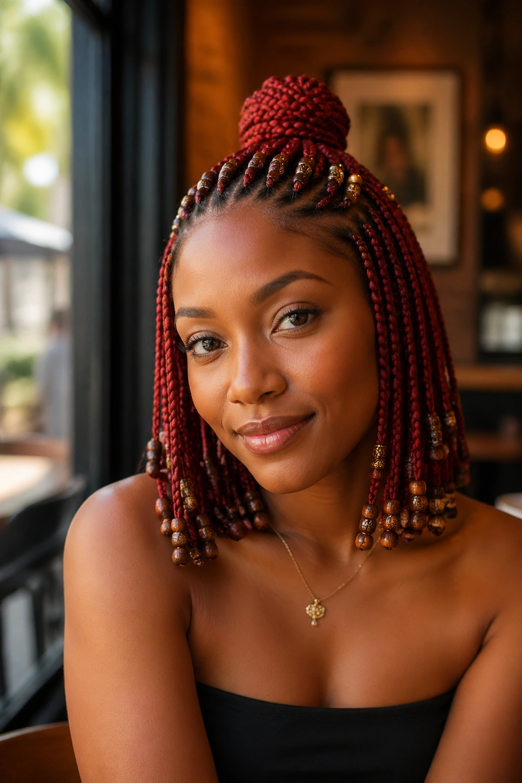 Close-up of half-up red box braids with a beaded crown on a real person