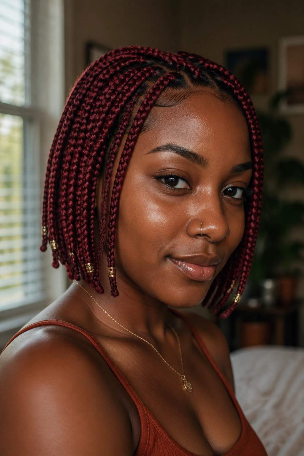 Close-up of ropey red short box braids with tiny accent beads on a real person