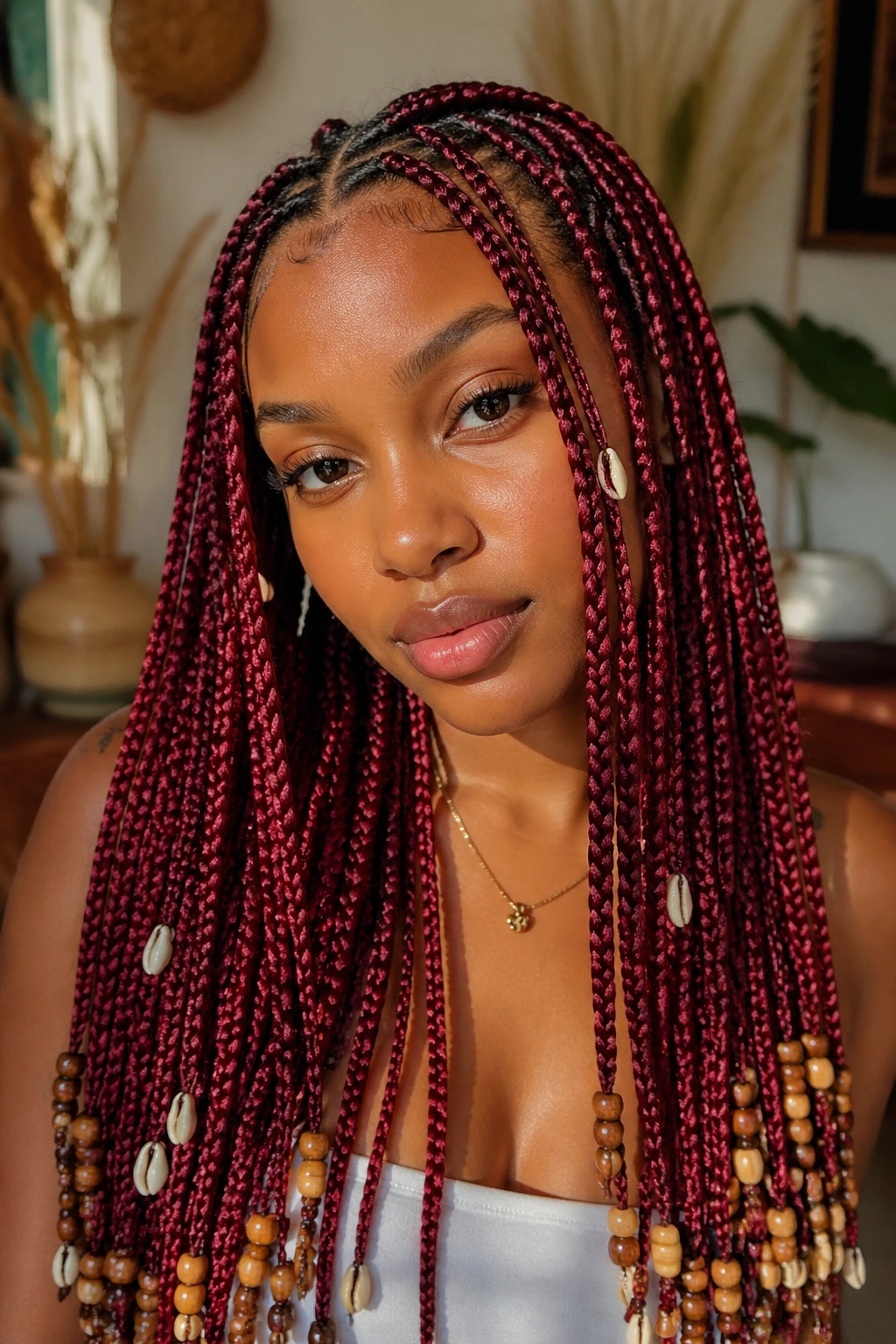 Close-up portrait of a real woman with red knotless box braids featuring beads and shells at the ends