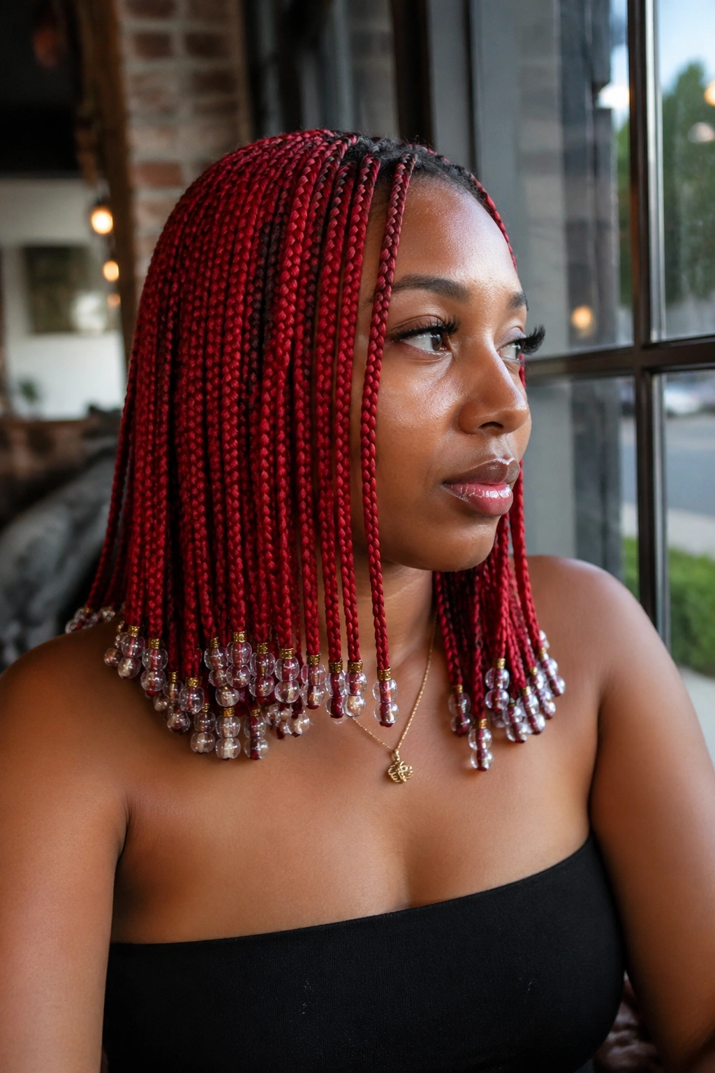 Portrait of a woman with shoulder-length red knotless braids and heavy end beads in a cafe setting
